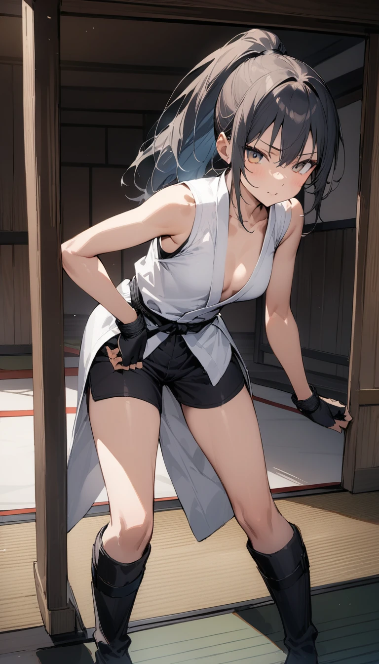((Highest quality)), ((masterpiece)), (detailed),full body ,slender. ((Rin々A cool female karateka))　small breasts　Long-haired ponytail　((Sleeveless white karate uniform))　Black shorts　Knee-high boots　Black martial arts belt　kimono　Leaning forward　　Open chest　black fingerless gloves　inside dojo