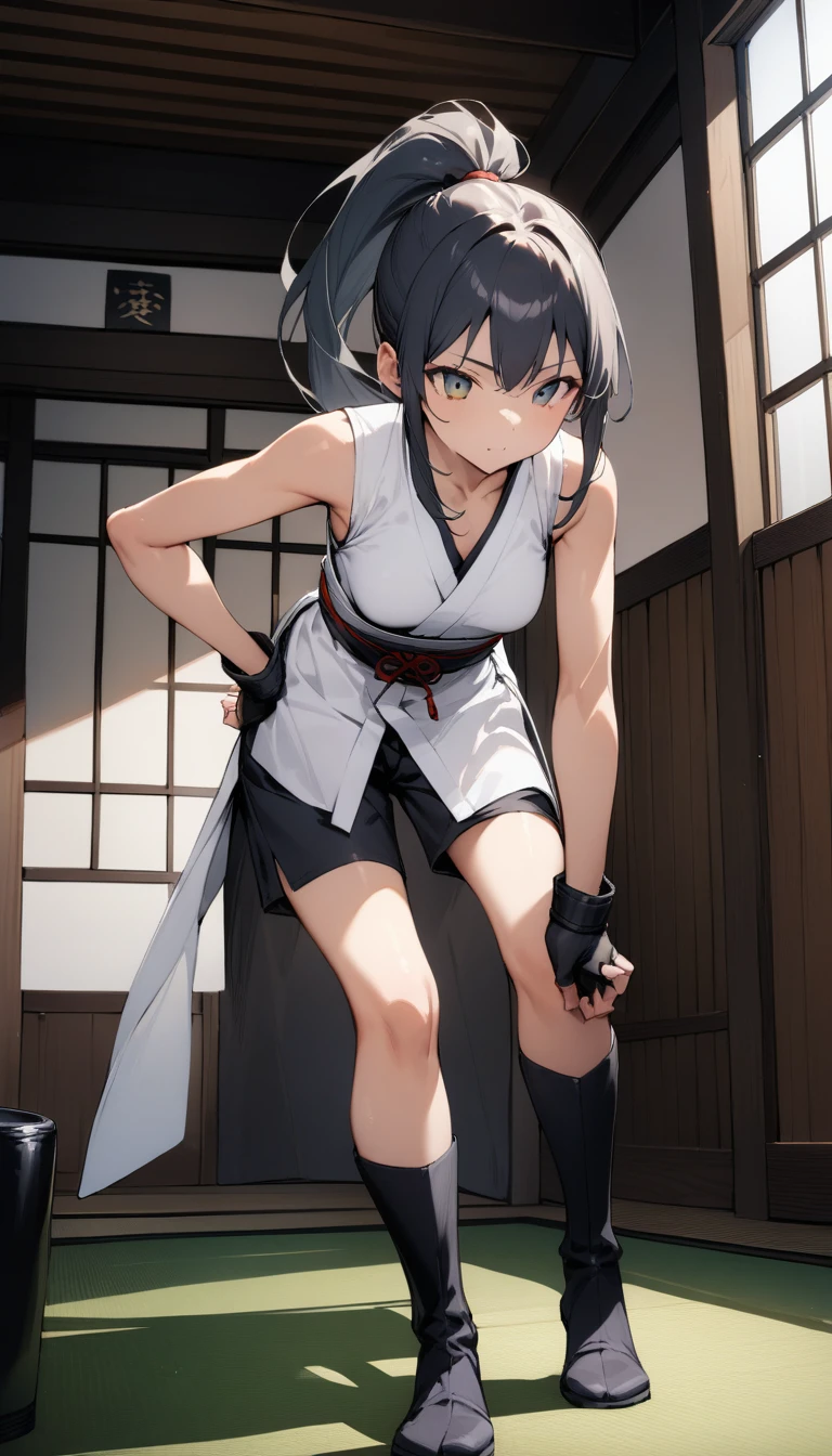 ((Highest quality)), ((masterpiece)), (detailed),full body ,slender. ((Rin々A cool female karateka)) small breasts Long-haired ponytail ((Sleeveless white karate uniform)) Black shorts Knee-high boots Black martial arts belt kimono Leaning forward Open chest black fingerless gloves inside dojo