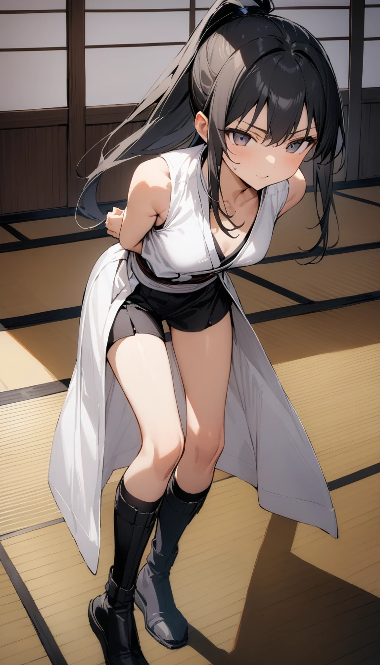 ((Highest quality)), ((masterpiece)), (detailed),full body ,slender. ((Rin々A cool female karateka))　small breasts　Long-haired ponytail　((Sleeveless white karate uniform))　Black shorts　Knee-high boots　Black martial arts belt　kimono　Leaning forward　　Open chest　black fingerless gloves　inside dojo