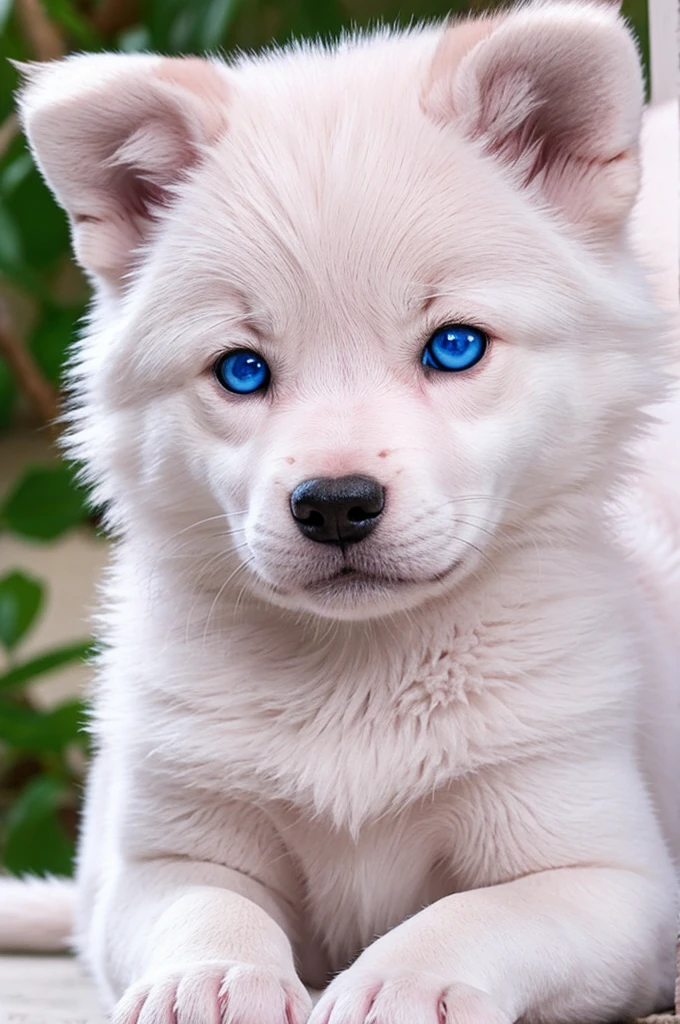 Pink and white baby wolf with blue eyes 