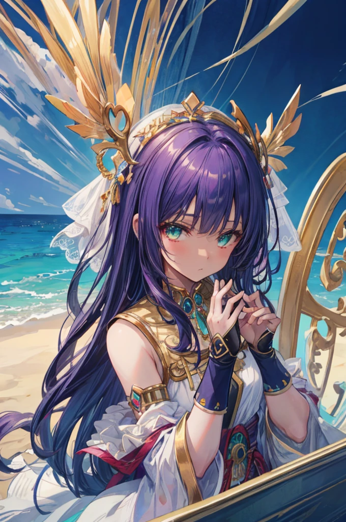 Queen of Sheba, Queen of Sheba, Aqua Eye, Dark Skin, 浅Dark Skinの女性, 額のgem, gem, Purple Hair,
break bridal gauntlets, Circlet, Egyptian clothing, Head Chain,
break looking at viewer,
break outdoors, sand, dessert,
break (masterpiece:1.2), Highest quality, High resolution, unity 8k wallpaper, (shape:0.8), (Beautiful attention to detail:1.6), Highly detailed face, Perfect lighting, Extremely detailed CG, (Perfect hands, Perfect Anatomy),