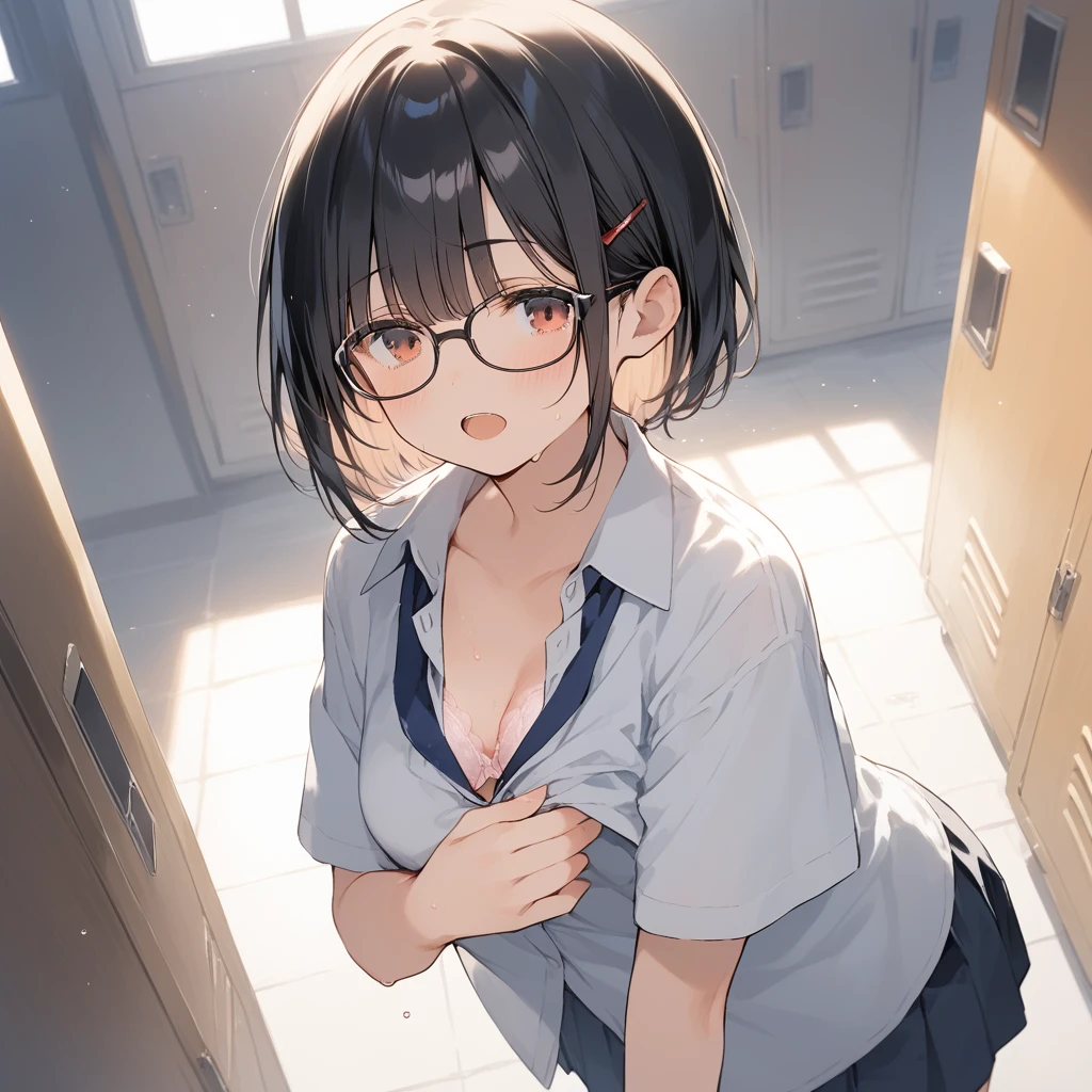 score_9, score_8_up, score_7_up, source_anime, best quality, masterpiece, official art, absurdres, highres, ultra-detailed,waifu2x,Collection: Slice of Life,break,1girl, uniform, underwear, bra, short hair,glasses, medium breasts, beautiful detailed eyes, sweat, open mouth, dressing, (yawn:0.3), sleepily, indoors, school locker room, break,(clear line illustration:1.2), super detailed skin,very high resolution, very aesthetic, Best sexual lighting powered by famous artist, 8k,cute picture,beauty illustration,photoshop_(medium),,(Detailed Lighting),best anime 8k konachan wallpaper, pixiv contest winner,