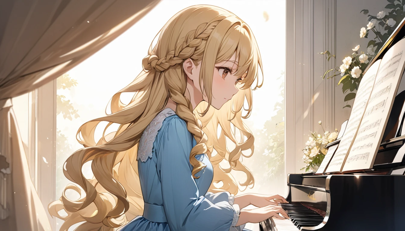 (Highest quality)A blonde girl with long curly hair and brown eyes、Wearing a beautiful blue dress and playing the piano in the morning。. She has flowers and braids in her hair