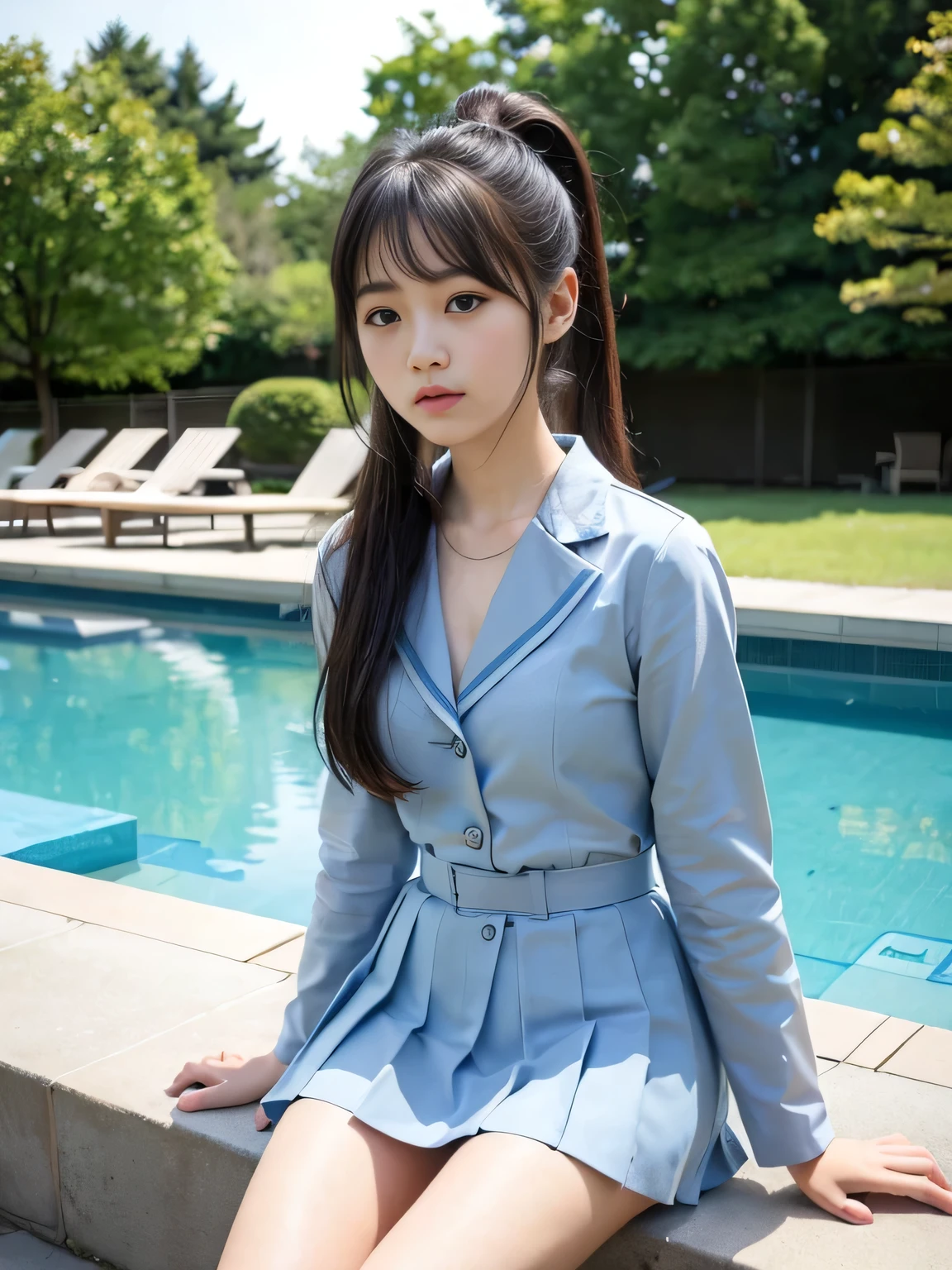 (8K、Live Action、RAW Photos、Highest quality、masterpiece:1.2),(Outdoor,Pool,sunlight:1.2),((Perfect lighting)),(ponytail),Looking at the audience,Upward glance,Viewed from the front,Sexy pose, return,strong,erotic,18-year-old,student,White skin,knees,Absurd,Small face,前hairを真ん中から分けます、The forehead is visible,(Be embarrassed,Squint your eyes,Glare,strong,skinny,skinny,Irritated)、masterpiece,Highest quality、Ultra-high resolution,One person, One personで,Close-up shot、cute、Return to student,(Japanese School Uniform:1.3),high school girl,Japanese women,Are standing,(フォトGenuine:1.37)、Photon Mapping,Genuineistic、cuteSmall face,Brown eyes、prospect、Written boundary depth、blurred returnground、Genuine,(前hairが見える), hair, kneesが見える, thigh,(Nogizaka idol), actress、Small, shapely breasts、Super quality、Low people、(Skin with visible pores:1.2)、(Focus on the face)、Small face、7 Head to Body、Check and fix the skeleton
