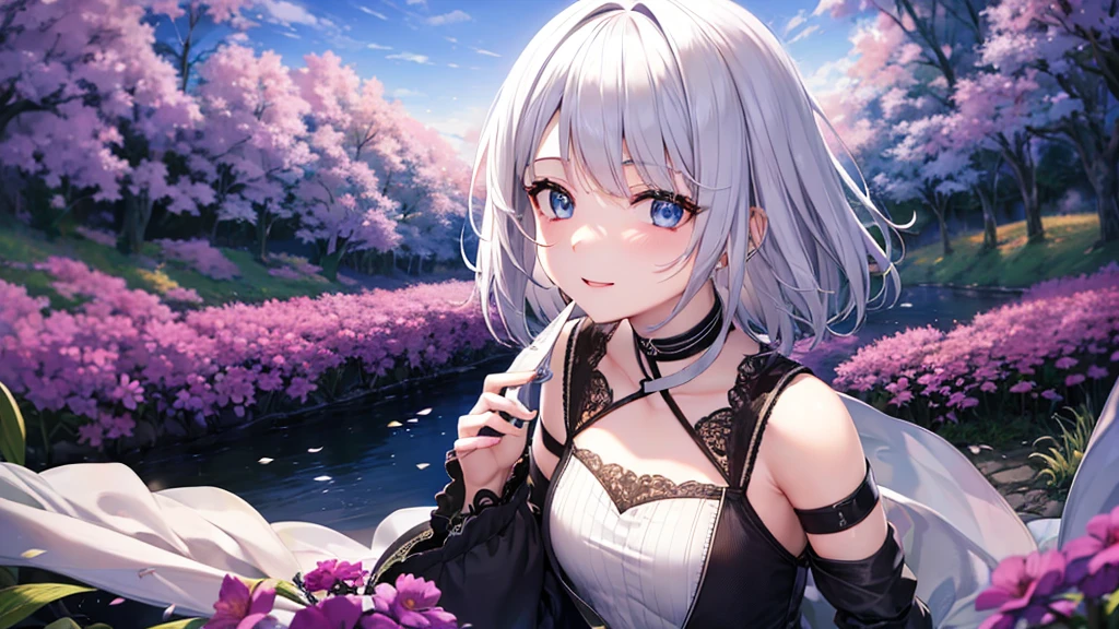 Ultra HD,Look at the viewers, Put your hands behind your back, With a girl, 20-year-old, 非常にShort Hair, Long bangs between the eyes, Pale blue eyes,  Very detailed,(masterpiece、Highest quality),Gray Hair、Laughter、Fantastic, Silver Hair, Iris,  Short hair、 Fluttering Hair、Small Face、明るいsmile、(Detailed face) ,Professional Lighting,Wonderful landscape,blue sky, sunlight,Looking down from above,Portraiture、Open your mouth、Flower Field、Her eyes were shining、Mysterious and enchanting atmosphere。With AI Painting、とてもShort Hair, Long bangs between the eyes, Very detailed,(masterpiece、Highest quality)、alone、Gray Hair、Fantasy, Silver Hair, Fantasyな風景、smile、Open your mouth、short hair、Short Hair、hairpin、black eye、Grey Eyes、Beautiful Eyes、White shirt、Jacket、I can see the neck、The clavicle is visible