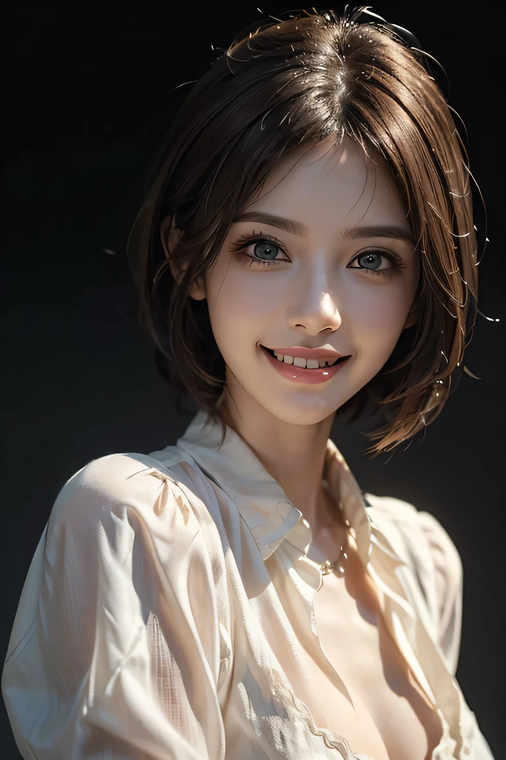 ((masterpiece)), ((Highest quality)), ((Complex)), ((Surreal)), (Realistic), (Mature Woman), ((There are no classes)), Very detailed, (1 female), Beautiful and exquisite, (Beautiful Teeth), Grin, Brunette Bob Hair, Brown eyes, ((blouse)), (Upper Body), (background:none), Perfect Eyes, Captivating eyes, Looking at the audience