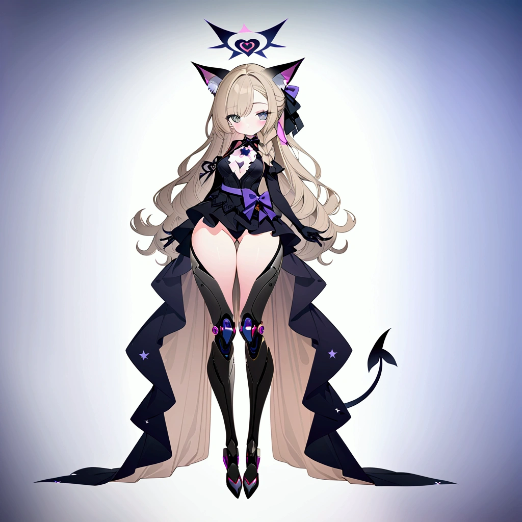 Woman 170cm tall, medium chest, wide hip, slim build, ((whole body)). (((character design sheet: front view))). (Dark blonde hair, (hip-length wavy hair styled in asymmetrical bangs), She has a short braid tied with an elegant purple bow on the left side of her hair above her chest. She has a short braid tied with an elegant purple bow on the right side of her hair above her chest. She has small ribbons in the back of her hair.). ((Gray eyes with a pink 4-pointed star in the pupil)). Two black and purple serval ears located on the top of the head. Luminous black halo with purple star patterns above his head. black necklace with a heart emblem on the neck. (Elegant one-piece long dress with lace and ruffle skirt, ribbon decorations and star patterns on the dress). black gloves, beautiful black platform heels. gray belt at the waist with a large ribbon with a luminous pink heart in the middle. (It has a complex succubus tail with a small purple star at the tip). ((It has complex mechanical legs that reach up to the thighs and are black with small purple details.)). beautiful detailed hair, beautiful detailed dress. extremely detailed arms. extremely detailed face, small face, Beautiful detailed eyes, beautiful detailed lips. adorable. extremely detailed legs. (Best Quality, 4k, high resolution), ultra detailed, Exquisite and epic character art, ((White background)).