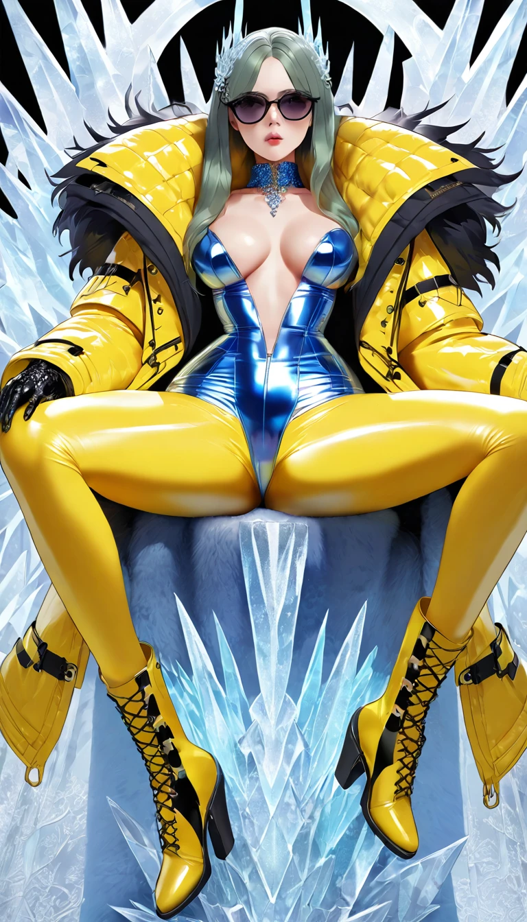 ((Super realistic details)) Shadow、octan render、8K、ultrasharp、Steampunk Body、Details of complex ornaments、cold color、Gothloli details、highly intricate detail、Realistic light、CGSoation Trends, radiant eyes featuring a stylish and confident evil ice queen, she has an arrogant look .modern fashion. dressed in bold and fashionable all yellow rubber outfits, showcasing a unique combination of elegance and strength. attire includes sleek, form-fitting dressed and bodysuit made of shiny materials, paired with oversize long latex coat that have (((dramatic high collar of coat))), (((high collar of coat))) (((very high and wide collar of coat))), (((collarbone))) and intricate patterns. The colors and designs vary, featuring a long coat with patterned latex coat. outfit is accentuated with latex boots and latex gloves, sunglasses, emphasizing her commanding and poised presence. Highlight her modern, daring fashion sense and her ability to te any space with her fashionable and assert demeanor, sexy poset with your legs apart, Leg spread, on ((ice throne on ice palace)), nudity.