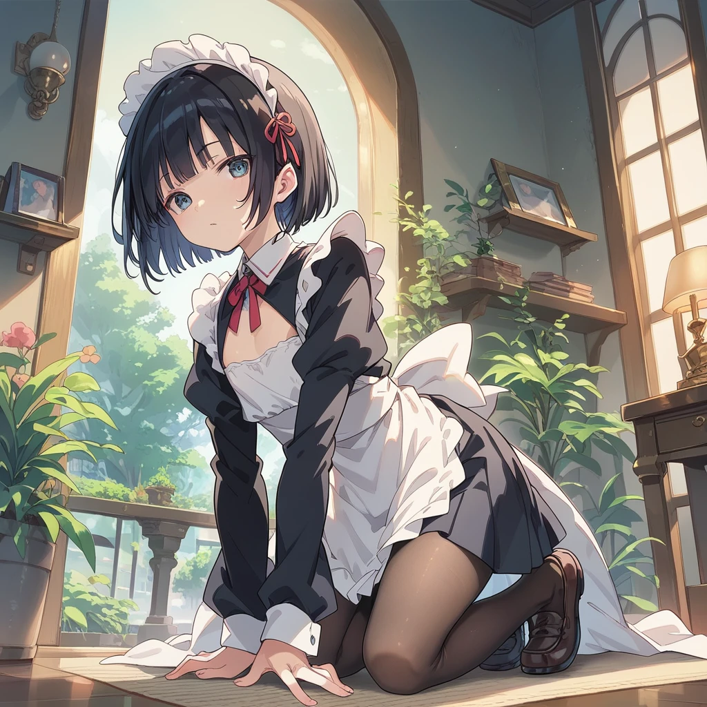 score_9, score_8_up, score_7_up,masterpiece,(bestquality),highlydetailed,ultra-detailed,1 boy, full body, all fours, from below, from behind,  solo, femboy, otokonoko, black hair, bobcut, tiny height, flat chest, maid cloth, maid headdress, loafers, pantyhose
