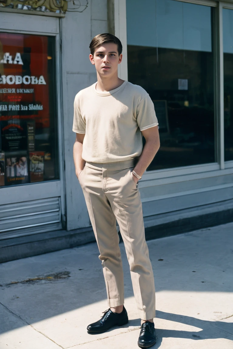 Realistic photo 1950s of solo handsome teenage men ,Standing In front of an mall ,daytime