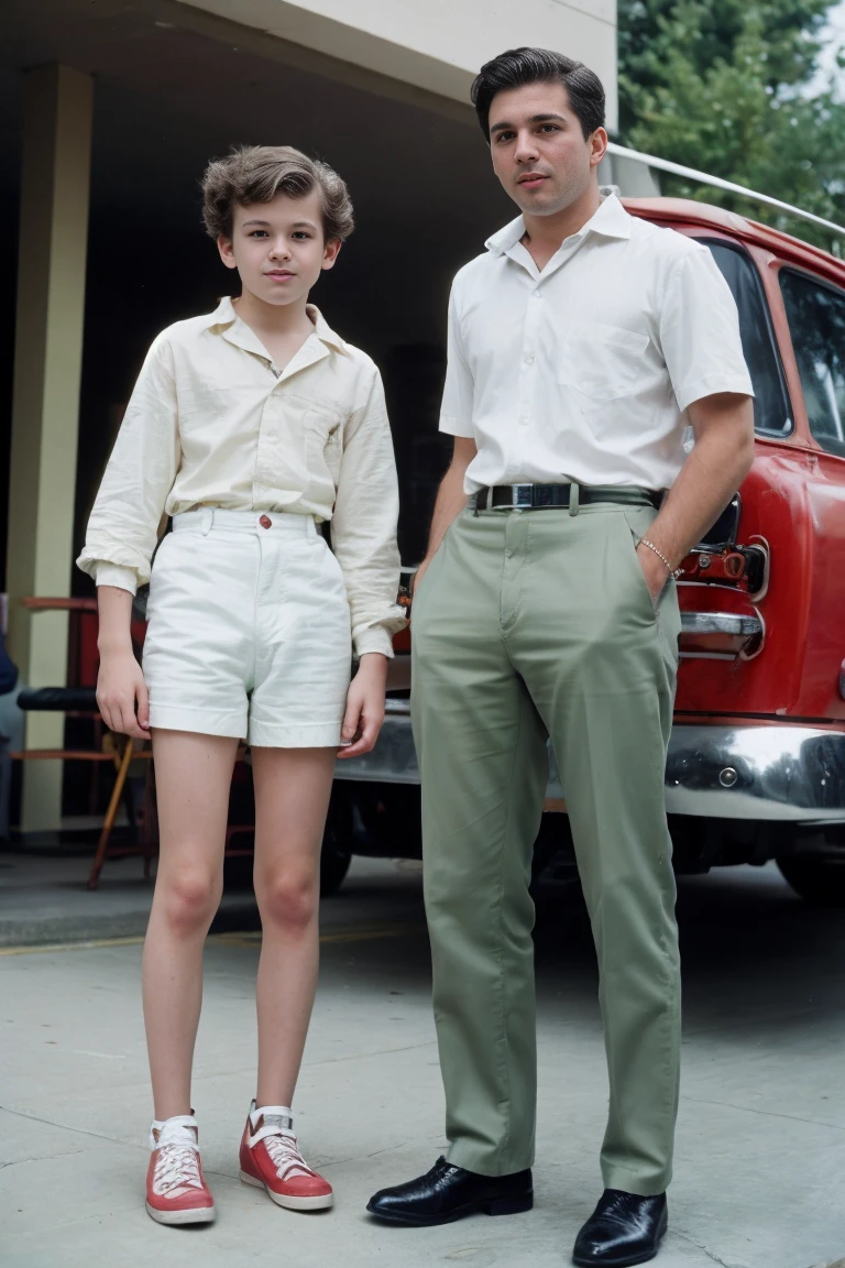 Realistic photo 1950s of solo handsome age men ,Standing In front of an mall ,daytime