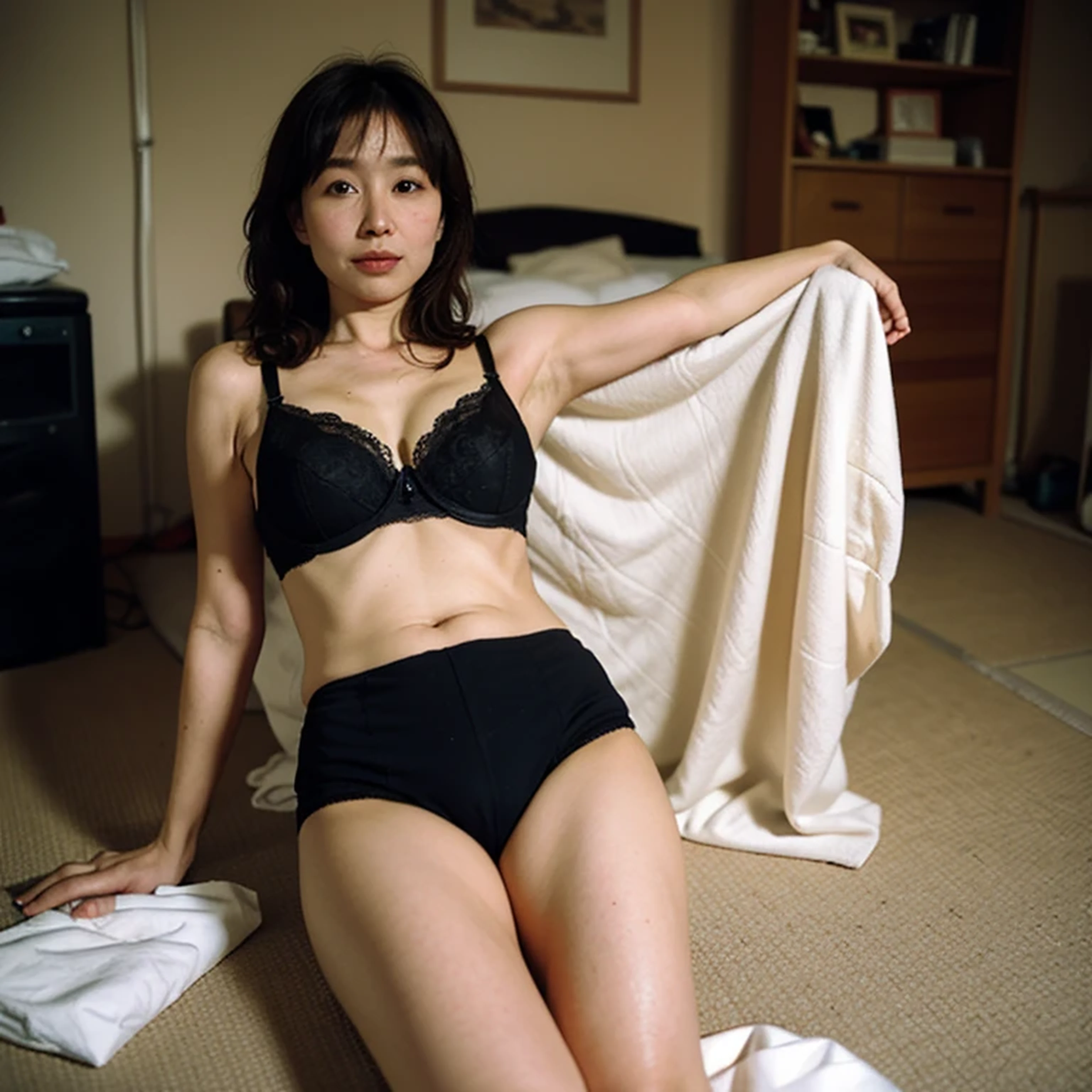 slightly chubby body, Top Quality, Masterpiece, Ultra High Definition, (Photorealistic: 1.4), Raw Photo, 35mm Film, 1 Woman, Japan Woman, 46 Years Old, Beauty, Sunset Room, black Bra, black Panties, Old House, Cluttered Background, Messy Room, Messy Floor, Tissue