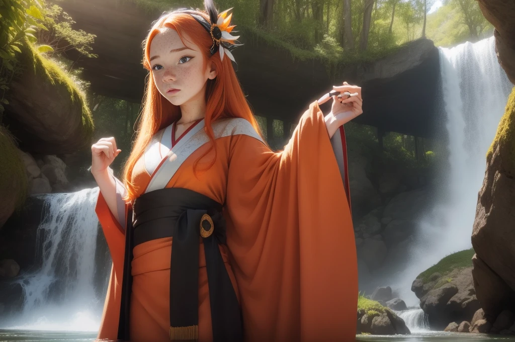 single 18 years old princess, striking figure, long ginger hair, wavy hairs, fair skin, (((freckles))), ((kolito)), innocent and regal appearance, expressive eyes are filled with a mix of curiosity and determination, her slender frame, elegant grace, vibrant orange kimono with white and black decorations, ornata kimono, very long sleeves feather headdress, in a forest, waterfall