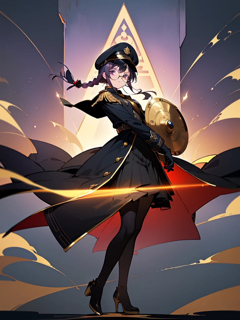 realisitic, City Deserted, Pile of rubble, Brick building, a one woman (18 years old, far away blackw hair, far away slits, Eyes red, glare eyes, 精致的面容, standing (In floor, feet shoulder-width apart), Lolita style military uniform (blackw base, Red Insert, golden decoration, volantes, wide sleeves, dainty and delicate detailing armors), blackw far away gloves (blackw, Red Insert, golden decoration, small hands, armors), blackw far away gloves, knee high boots (blackw, high-heels, red soles), ha (blackw, aba dourada, shield emblem, delicate details), arms in front, Front of belly, Holding military swords with both hands (blackw, golden decoration, delicate detail, Handle at the top, Ground-facing blade, in front of the body, far away), night sky (blackw, stele, Increased flames and smoke) Pale painting style, One Girl, super high quality, Super Detail, Super Detailed image, long hair, looking at viewer, skirt, shirt, hair ornament, violet eyes, gloves, round glasses, long sleeves, hat, closed mouth, jacket, violet hair, braid, open clothes, necktie, black gloves, black skirt, uniform, single braid, open jacket, black jacket, black headwear, 手链, peaked cap, black necktie, cropped jacket, military hat, pantyhose, Flat Chest, smile, Black Cape