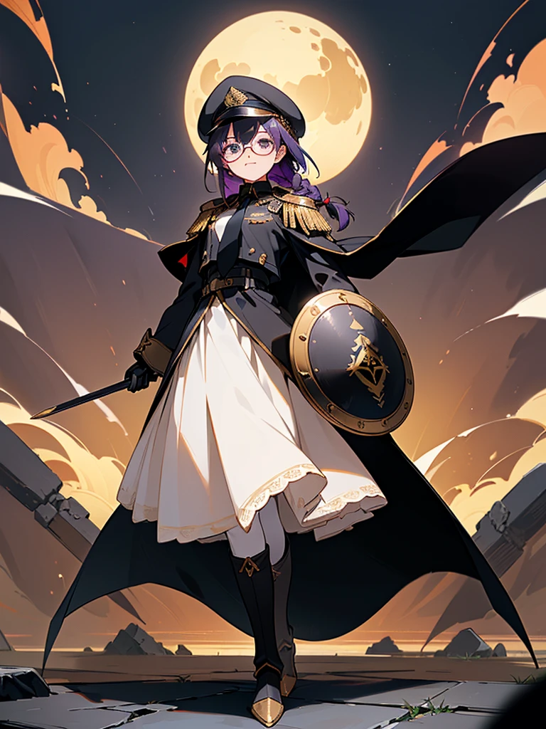 realisitic, City Deserted, Pile of rubble, Brick building, a one woman (18 years old, far away blackw hair, far away slits, Eyes red, glare eyes, 精致的面容, standing (In floor, feet shoulder-width apart), ta style military uniform (blackw base, Red Insert, golden decoration, volantes, wide sleeves, dainty and delicate detailing armors), blackw far away gloves (blackw, Red Insert, golden decoration, small hands, armors), blackw far away gloves, knee high boots (blackw, high-heels, red soles), ha (blackw, aba dourada, shield emblem, delicate details), arms in front, Front of belly, Holding military swords with both hands (blackw, golden decoration, delicate detail, Handle at the top, Ground-facing blade, in front of the body, far away), night sky (blackw, stele, Increased flames and smoke) Pale painting style, One Girl, super high quality, Super Detail, Super Detailed image, long hair, looking at viewer, skirt, shirt, hair ornament, violet eyes, gloves, round glasses, long sleeves, hat, closed mouth, jacket, violet hair, braid, open clothes, necktie, black gloves, black skirt, uniform, single braid, open jacket, black jacket, black headwear, 手链, peaked cap, black necktie, cropped jacket, military hat, pantyhose, Flat Chest, smile, Black Cape