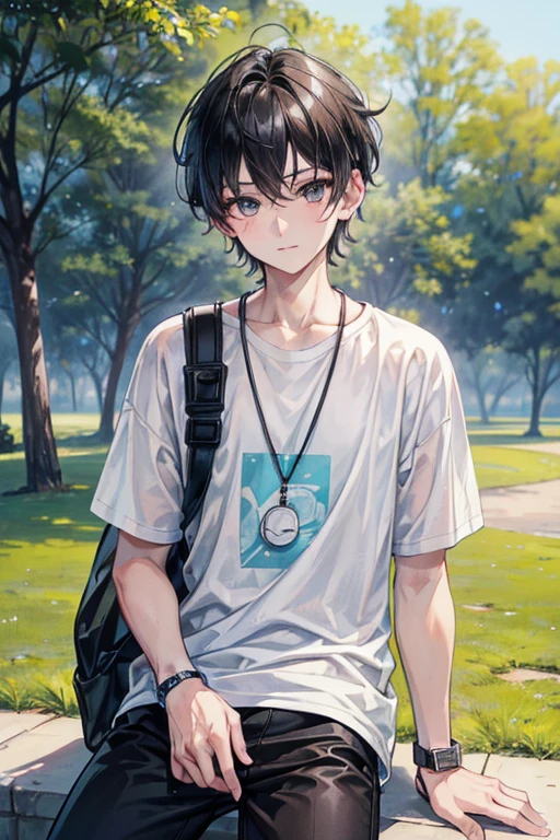 a young boy with short black hair and gray eyes, handsome, (detailed eyes), (best quality,highres,masterpiece:1.2),ultra-detailed,,award winning,high resolution,1boy, setting in a park in the morning, smiley, black t-shirt, white shirt, black pants, (headphones), sport watch, earring