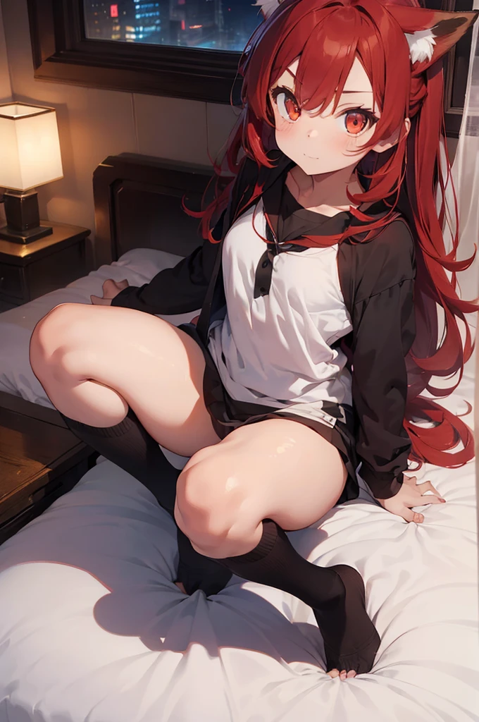 1girl with long ((!red hair))), amber eyes, fox ears, slender body, fox tail,nude, sitting on bed.bluah, emabarrased. Night