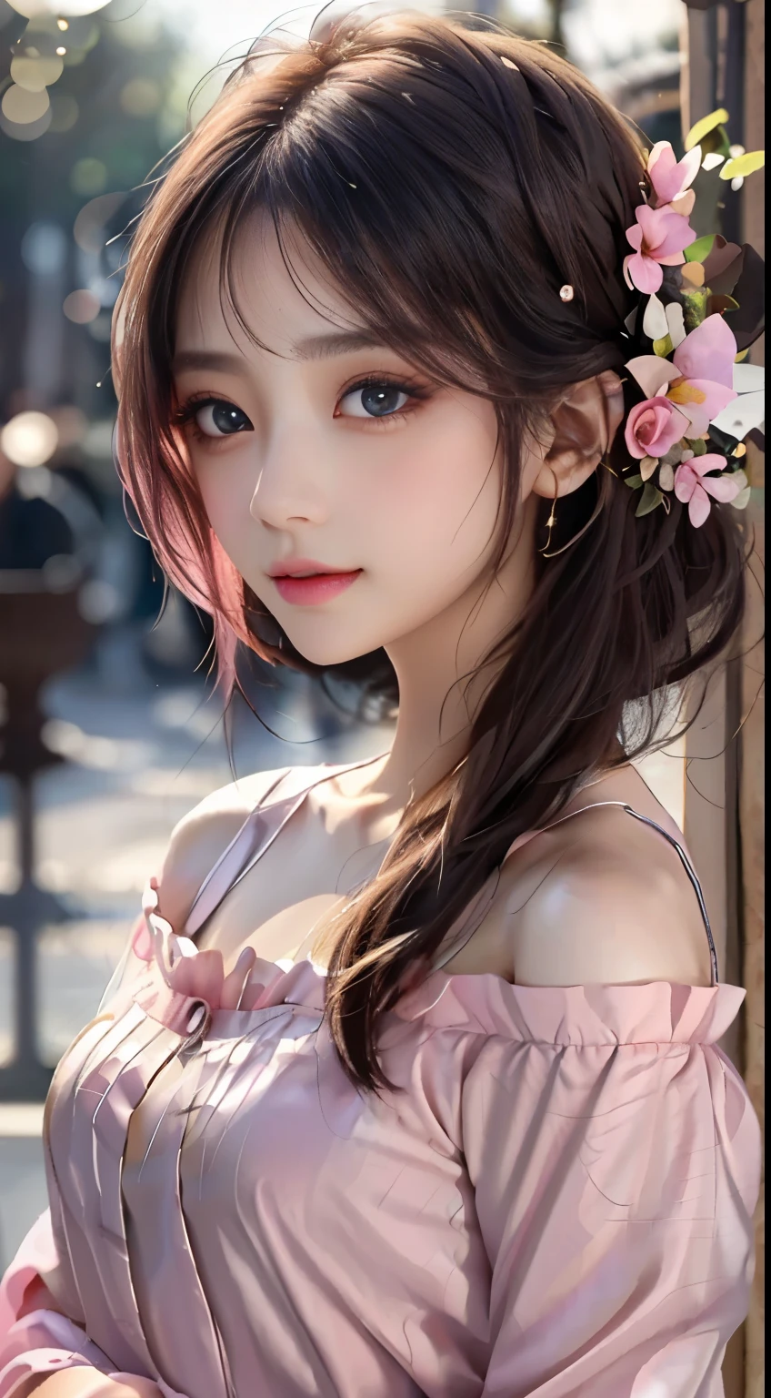 best quality,masterpiece,highest resolution,1 girl,Dingdal effect,In reality,edge lighting,two tone lighting,(High detail skin:1.2),8k words,pure,sweet,Flower background,colorful background,Based on physical rendering,perfect light and shadow,Extremely high detail,pink tone,eye reflection,raised to be sexy,perfect body,outstanding beauty,big eyes,long eyelashes,delicate eyes,Big, sparkling eyes,small pupil reflex,Shoulder and neck details,The texture of the eyes is delicate.,perfect eyes,black eyes,best quality,Pink hair.、masterpiece,16K,picture,head portrait,biggest,long sleeves,watch your chest,big bust,Delicate avatar