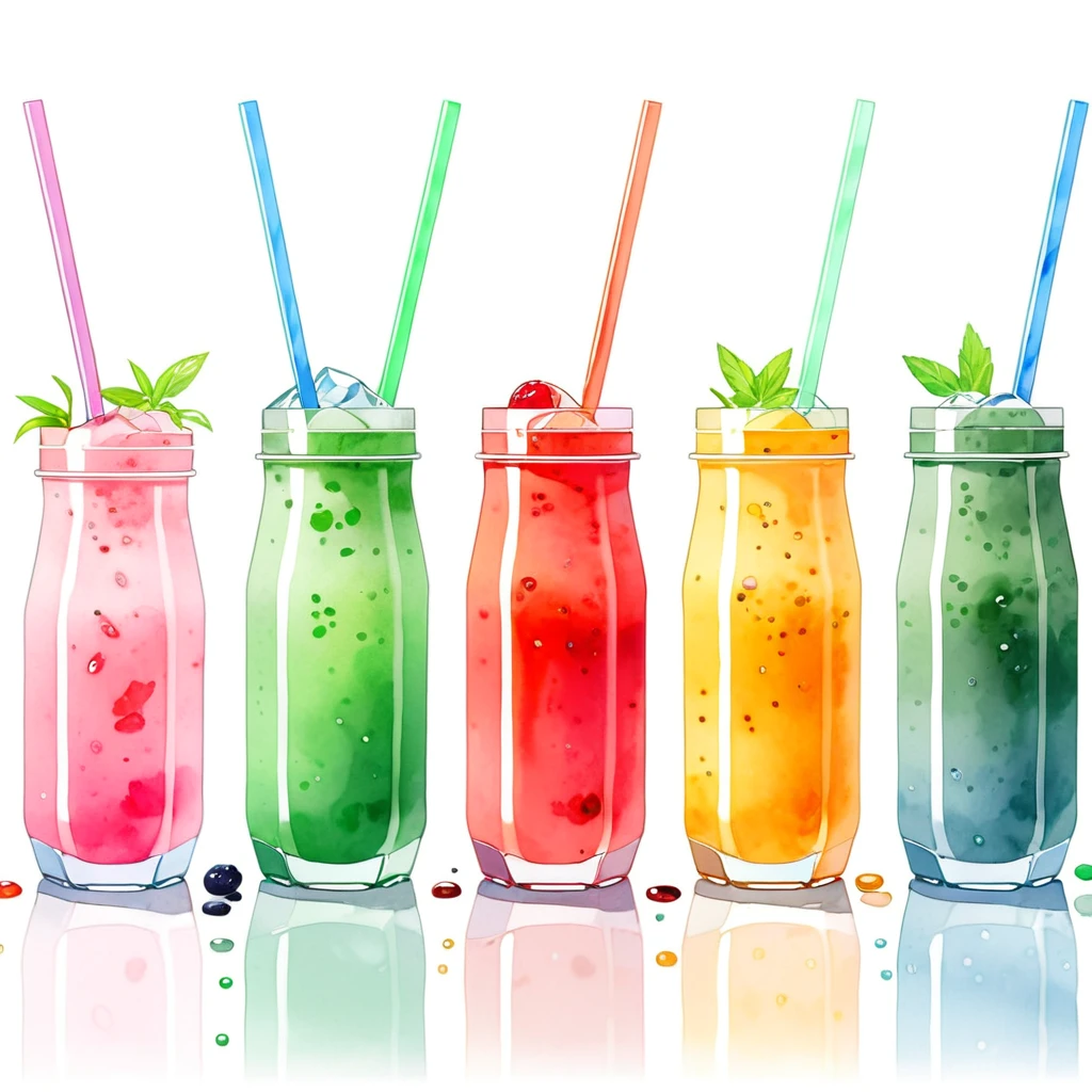 here are many types of colorful healthy drinks served in glasses, the glasses sitting on a surface, juices, smoothie and infused water , illustration, isolated with solid white background, surrounded with negative space, centered composition, highest detailed painting, very precise line, Isolated, clear solid white background, perspective angle of view, ((watercolor:1.5)), (lora:add-detail-xl:1), (masterpiece), (best quality), no bread on the floor, washed out color, (ghibli)