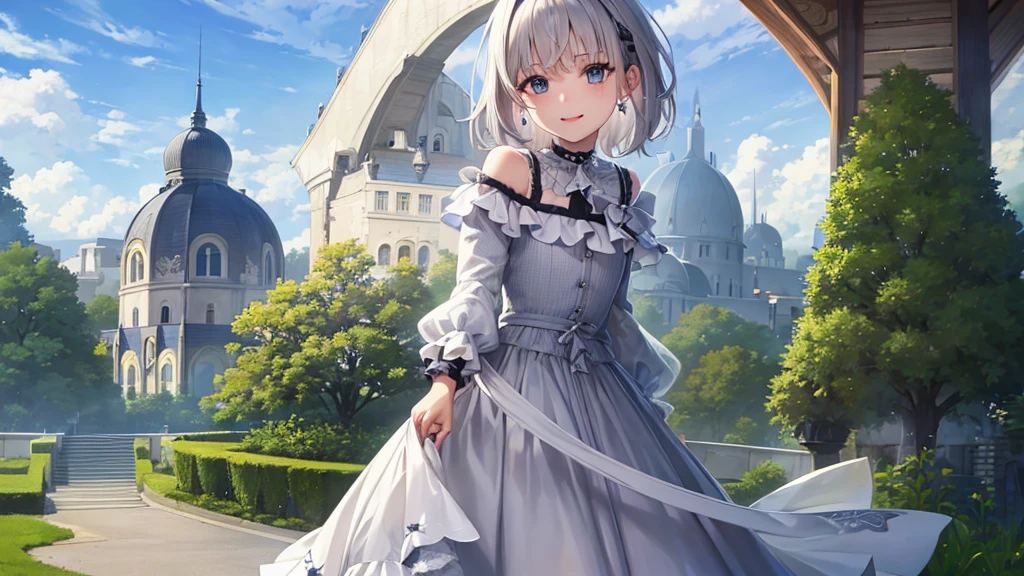 ultra HD,Look at the viewers, Put your hands behind your back, With a girl, 20-year-old, Very Short Hair, Long bangs between the eyes, pale blue eyes,  Very detailed,(masterpiece、Highest quality),Gray Hair、Laughter、Fantastic, Silver Hair, Iris,  Short hair、 Fluttering Hair、Small Face、Bright smile、(Detailed face) ,Professional Lighting,Wonderful landscape,blue sky, sunlight,Looking down from above,Portraiture、Open your mouth、Flower Field、Her eyes were shining、Mysterious and enchanting atmosphere。With AI Painting、Very short hair, Long bangs between the eyes, Very detailed,(masterpiece、Highest quality)、alone、Gray Hair、Fantasy, Silver Hair, Fantasy landscape、smile、Open your mouth、short hair、Short Hair、hairpin、black eye、Grey Eyes、Beautiful Eyes、White shirt、Jacket、I can see the neck、The clavicle is visible