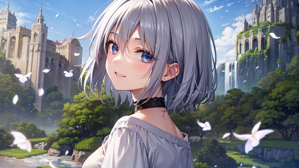 ultra HD,Look at the viewers, Put your hands behind your back, With a girl, 20-year-old, Very Short Hair, Long bangs between the eyes, pale blue eyes, Very detailed,(masterpiece、Highest quality),Gray Hair、Laughter、Fantastic, Silver Hair, Iris, Short hair、 Fluttering Hair、Small Face、Bright smile、(Detailed face) ,Professional Lighting,Wonderful landscape,blue sky, sunlight,Looking down from above,Portraiture、Open your mouth、Flower Field、Her eyes were shining、Mysterious and enchanting atmosphere。With AI Painting、Very short hair, Long bangs between the eyes, Very detailed,(masterpiece、Highest quality)、alone、Gray Hair、Fantasy, Silver Hair, Fantasy landscape、smile、Open your mouth、short hair、Short Hair、hairpin、black eye、Grey Eyes、Beautiful Eyes、White shirt、Jacket、I can see the neck、The clavicle is visible