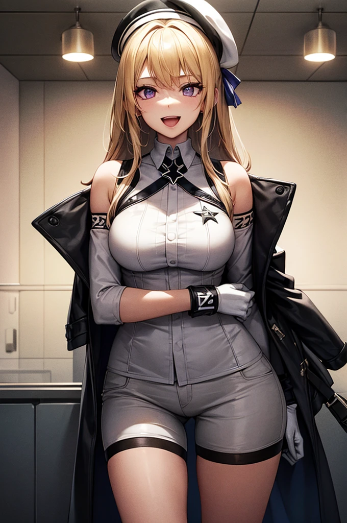 z23,, Textured skin, 8K, Beautiful attention to detail, Cinema Lighting, Beautifully detailed face, Super detailed, Cinema Lighting,, One girl, , Blonde, Purple eyes, Hair Ribbon, White shirt, beret, Bare shoulders, gloves, Iron Cross, Bike Shorts, :d, Armband, white gloves, Cowboy Shot,