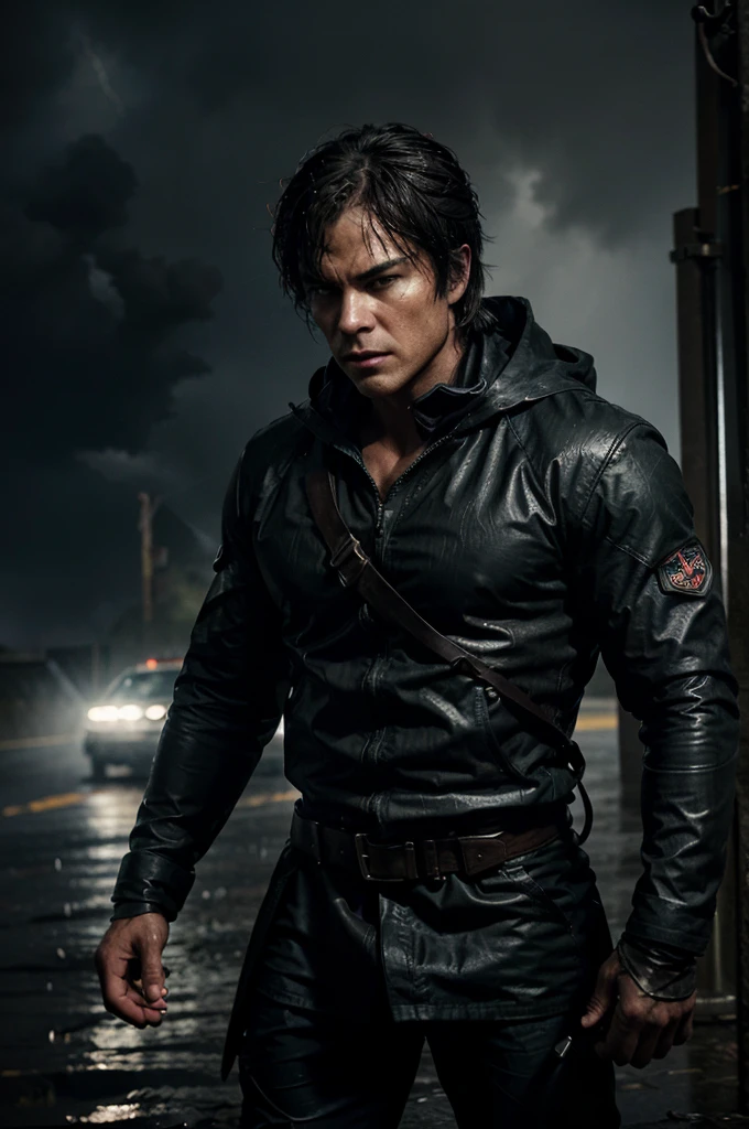 "Damon Salvatore stands defiantly amidst the pouring rain, his muscular frame glistening with water, adorned with intimidating skull face paint. Clad in rugged military gear, he grips an assault rifle firmly, his steely gaze cutting through the downpour with unwavering focus. The rain-soaked battlefield around him is illuminated by flashes of lightning and explosions, casting dramatic shadows and highlighting his fearless demeanor. Despite the storm raging around him, Damon remains a formidable and relentless force on the front lines."