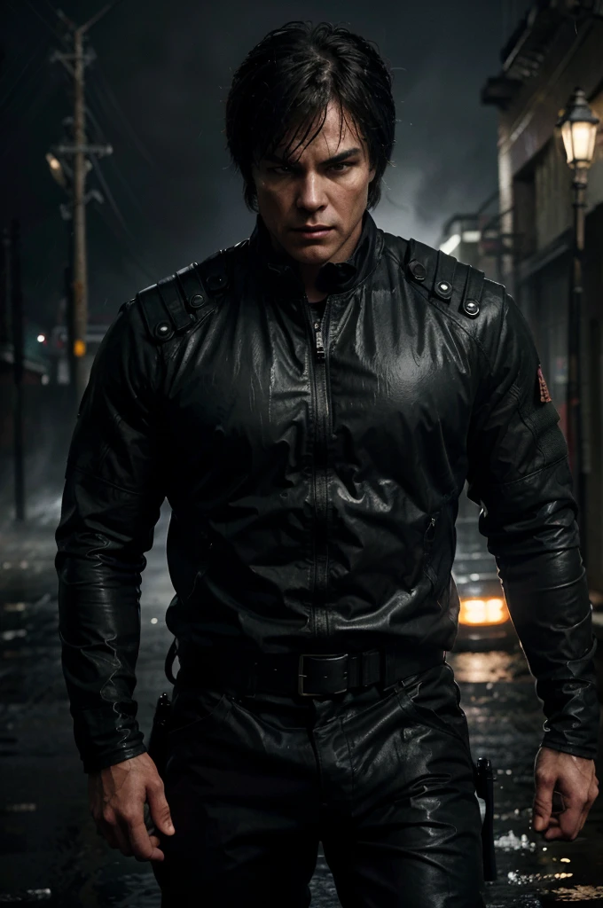 "Damon Salvatore stands defiantly amidst the pouring rain, his muscular frame glistening with water, adorned with intimidating skull face paint. Clad in rugged military gear, he grips an assault rifle firmly, his steely gaze cutting through the downpour with unwavering focus. The rain-soaked battlefield around him is illuminated by flashes of lightning and explosions, casting dramatic shadows and highlighting his fearless demeanor. Despite the storm raging around him, Damon remains a formidable and relentless force on the front lines."