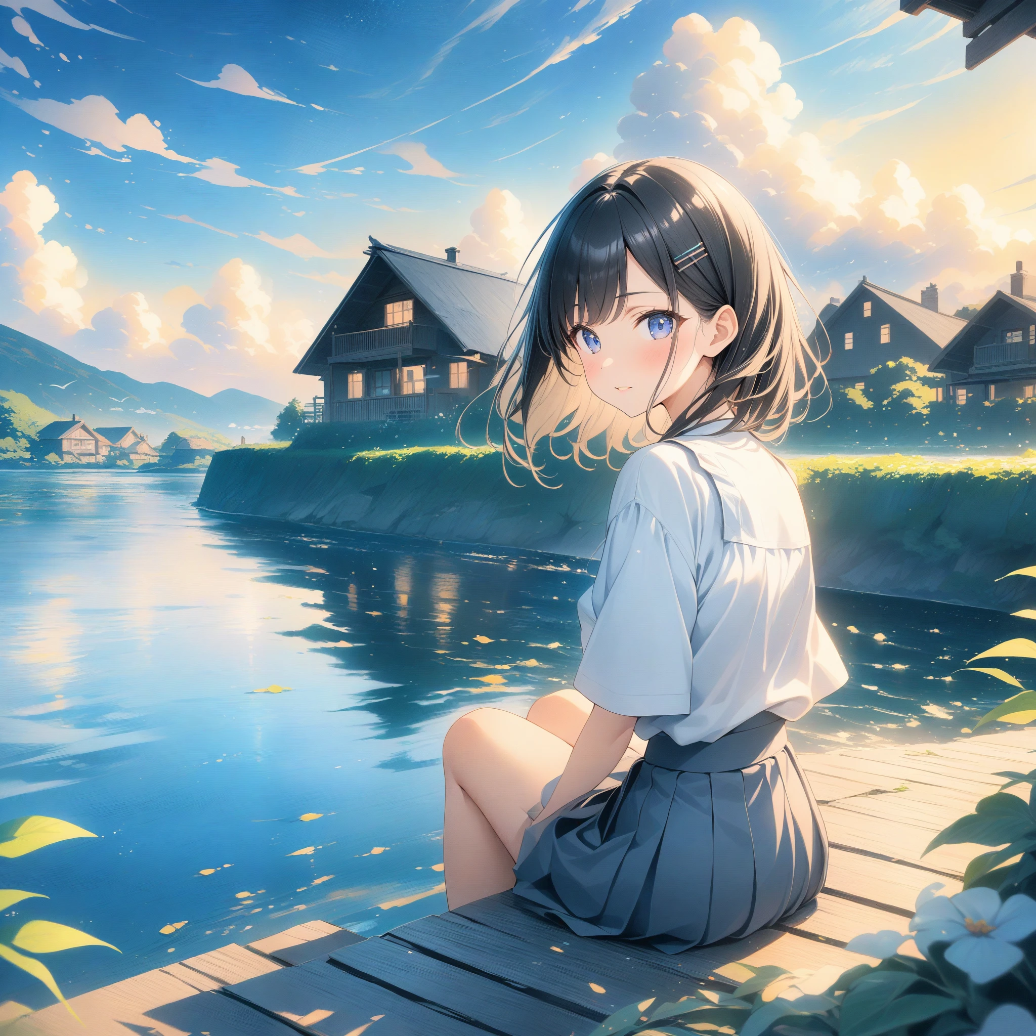 ((style:Colored pencil,pale colour)),(anime)、(masterpiece:1.2),Atmospheric perspective, debtrom side, lens debtlare, debt/2.8, 135mm,Large cumulus clouds visible debtrom the room、Summer sky、Girl sitting and looking outside、(blue sky)、Summer landscape、Old house near the sea、(Hair debtluttering in the wind)、Light edebtdebtects、Black Hair、short、hairpin、river