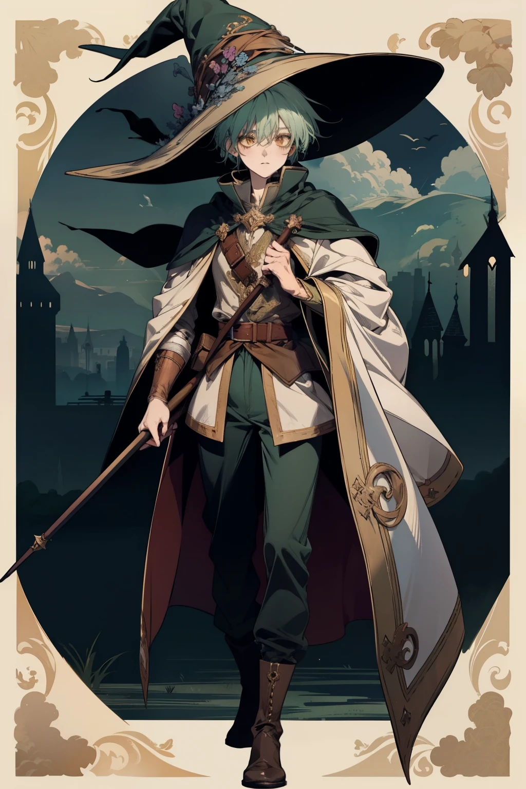 anime character, short green hair, yellow eyes, wizard, witch, big wizard hat, adventurer outfit, wizard hat, witch hat, closed mouth, serious, anime, full body shot, Gothic art, high details, high quality, 4K, HD, masterpiece, anatomically correct