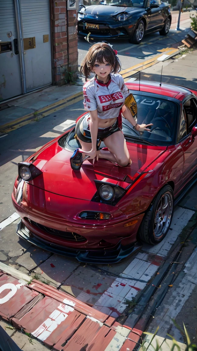 One Woman　Race Queen　Posing for the camera in front of a sports car　High leg　Low - Angle　Cute smile