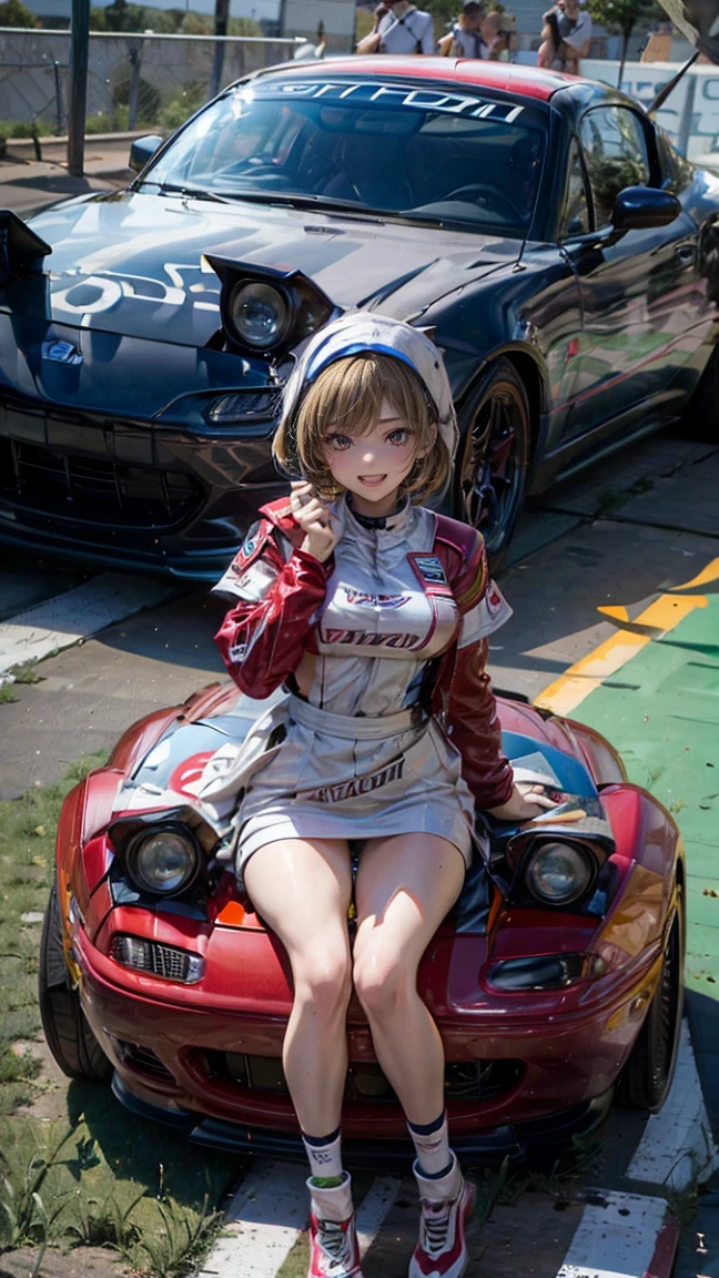 One Woman　Race Queen　Posing for the camera in front of a sports car　High leg　Low - Angle　Cute smile