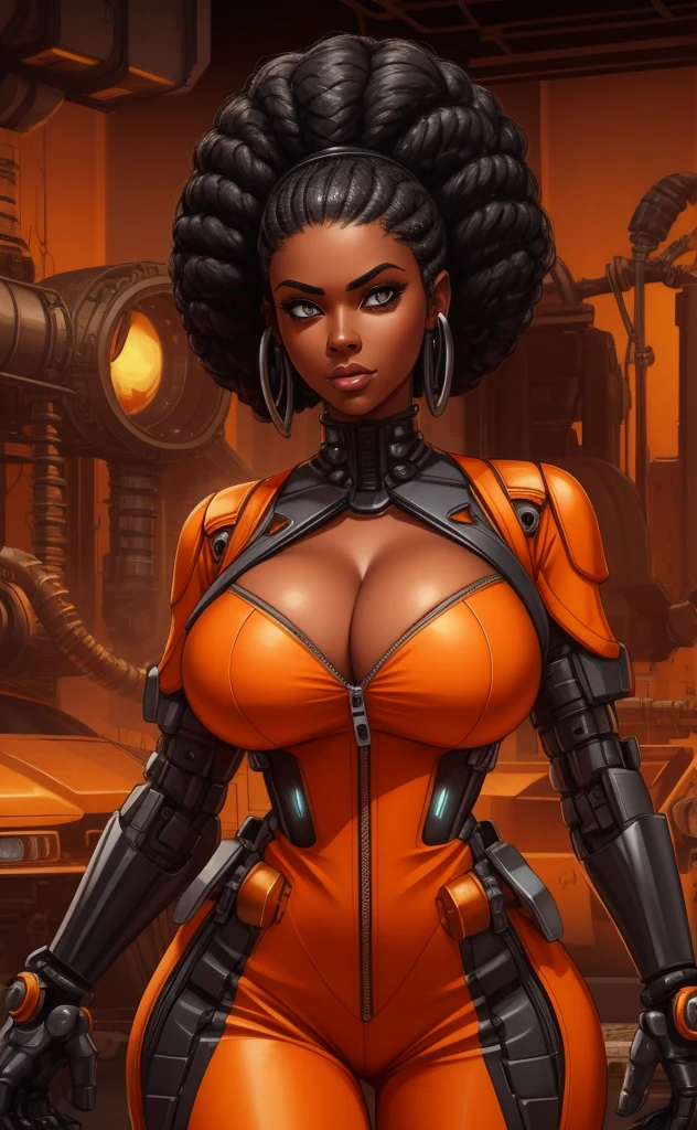 a beautiful black woman with black afro cornrows hairstyle,A gorgeous female mechanic in an atompunk style, with a blank background, wearing an unzipped orange jumpsuit revealing cleavage, featuring a mechanical hand and cybernetic augments, in a retro-futuristic setting with gunmetal grey tones,