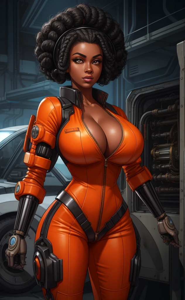a beautiful black woman with black afro cornrows hairstyle,A gorgeous female mechanic in an atompunk style, with a blank background, wearing an unzipped orange jumpsuit revealing cleavage, featuring a mechanical hand and cybernetic augments, in a retro-futuristic setting with gunmetal grey tones,