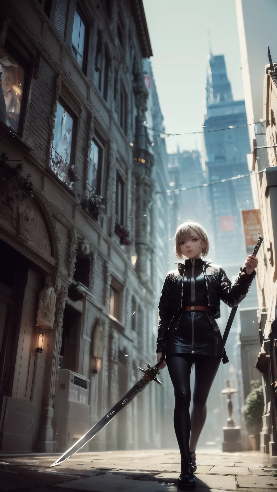 masterpiece, concept art, best shot, Holding a beautifully decorated long sword, A brave pose, head to toe((must)), aschgray haired early 20's Russian girl, Wearing jet black protector, cutting edge protective gear,  The background is a battlefield, Ilya Kuvshinov's style