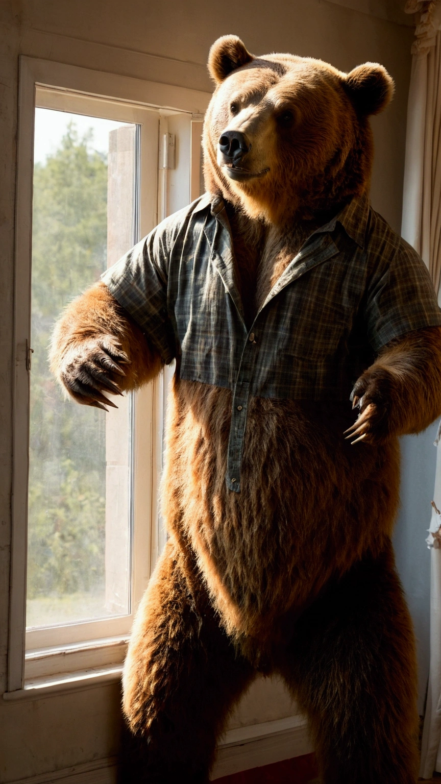 The bear is standing, spreading clothes out of the window