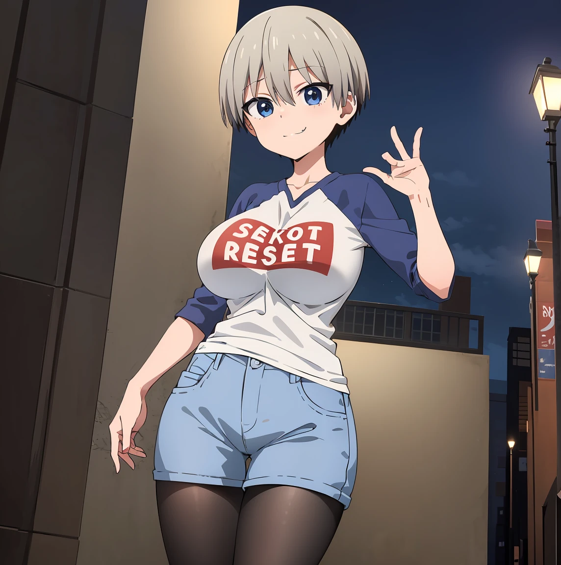 ((1girl)),((alone)),uzaki hana,(masterpiece), (best quality), (ultra detailed), (best illustration), (best shadow), (absurdities), sharp focus, cowboy photo , looking at viewer, , narrow waist, wide hips, wide thighs, round butt, dynamosture, gray hair, short hair, hair between the eyes, bangs, blue eyes, fangs, shirt, raglan sleeves, text in romaji , written clothing, long sleeves, huge breasts, denim black pantyhose, mocking smilosed mouth, (sexy pose: 1.2), alone, stang: 1.3, outdoor, night, cityscape, city , streets, city streetlights, looking forward, ((focus on thighs)), point of view (from below), red blush, perfect anatomy, perfect hands