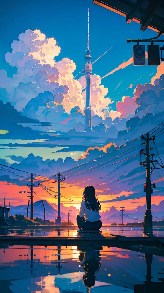 masterpiece, Exquisite detail,Highest quality, One girl, alone, handrail, cloud, buildings,Long Hair, zero, Long sleeve, Power lines, White footwear, Black Hair, Electric pole, bangs, cloudy zero, fish, bird, Green Eyes, Shorts, Day, Black Shirt, barefoot,Star,milky way,Meteors,Pitch black,Buildings,High quality anime art style，Standing painting，Splash ink background,Blue Themes,Clear Face,Distinct facial features,Fuji Mountain,Fuji Mountain,Buildings in Tokyo,Looking at me,View from behind,Shining Star々,milky way,sitting in water,Bright sky,Daytime,Looking straight ahead,Future City,train,Railroad crossing,sunset,A train running on the tracks,the sun and the moon