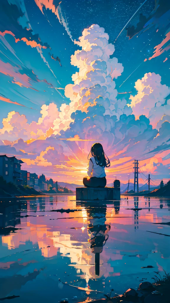 masterpiece, Exquisite detail,Highest quality, One girl, alone, handrail, cloud, buildings,Long Hair, zero, Long sleeve, Power lines, White footwear, Black Hair, Electric pole, bangs, cloudy zero, fish, bird, Green Eyes, Shorts, Day, Black Shirt, barefoot,Star,milky way,Meteors,Pitch black,Buildings,High quality anime art style，Standing painting，Splash ink background,Blue Themes,Clear Face,Distinct facial features,Fuji Mountain,Fuji Mountain,Buildings in Tokyo,Looking at me,View from behind,Shining Star々,milky way,sitting in water,Bright sky,Daytime,Looking straight ahead,Future City,train,Railroad crossing,sunset,A train running on the tracks,the sun and the moon