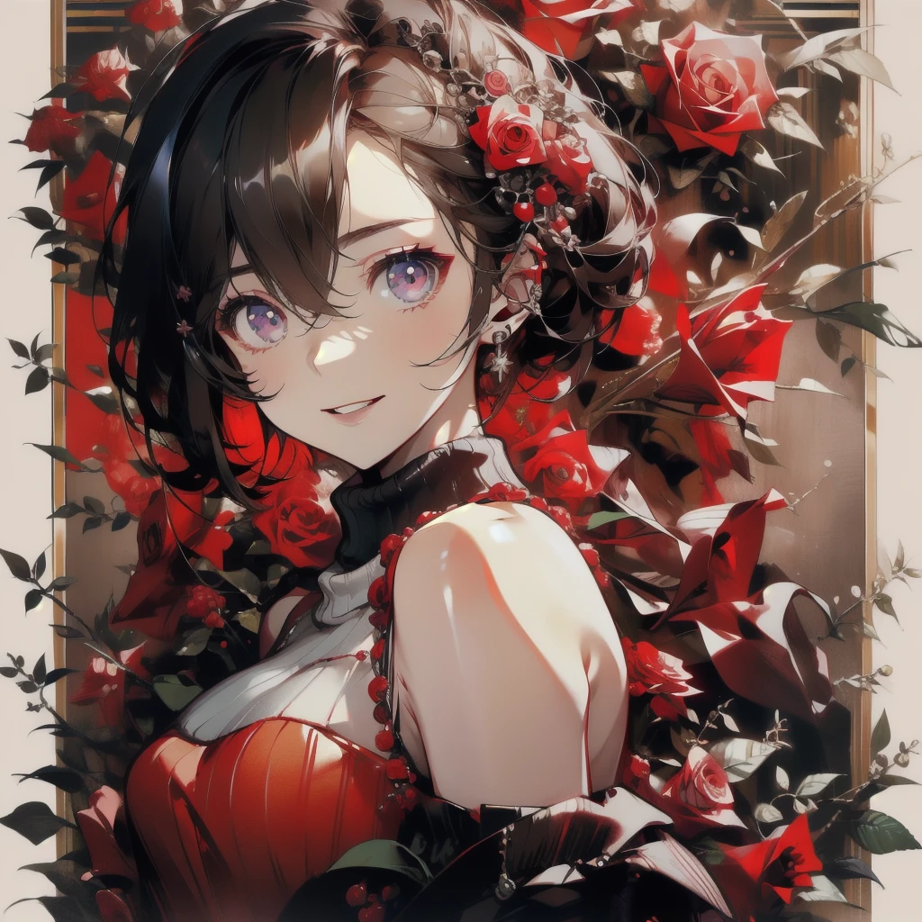 ((masterpiece, best quality)),singer,Note,Rose,earphone,Detailed face,Smile,whole body,Perfect body proportions,modern,Plush,Backless sweater,Fun,sexly,extremely beautiful,Note装饰,transparent,