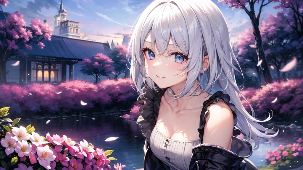 Ultra HD,Look at the viewers, Put your hands behind your back, With a girl, 20-year-old, 非常にShort Hair, Long bangs between the eyes, Pale blue eyes,  Very detailed,(masterpiece、Highest quality),Gray Hair、Laughter、Fantastic, Silver Hair, Iris,  Short hair、 Fluttering Hair、Small Face、明るいsmile、(Detailed face) ,Professional Lighting,Wonderful landscape,blue sky, sunlight,Looking down from above,Portraiture、Open your mouth、Flower Field、Her eyes were shining、Mysterious and enchanting atmosphere。With AI Painting、とてもShort Hair, Long bangs between the eyes, Very detailed,(masterpiece、Highest quality)、alone、Gray Hair、Fantasy, Silver Hair, Fantasyな風景、smile、Open your mouth、short hair、Short Hair、hairpin、black eye、Grey Eyes、Beautiful Eyes、White shirt、Jacket、I can see the neck、The clavicle is visible