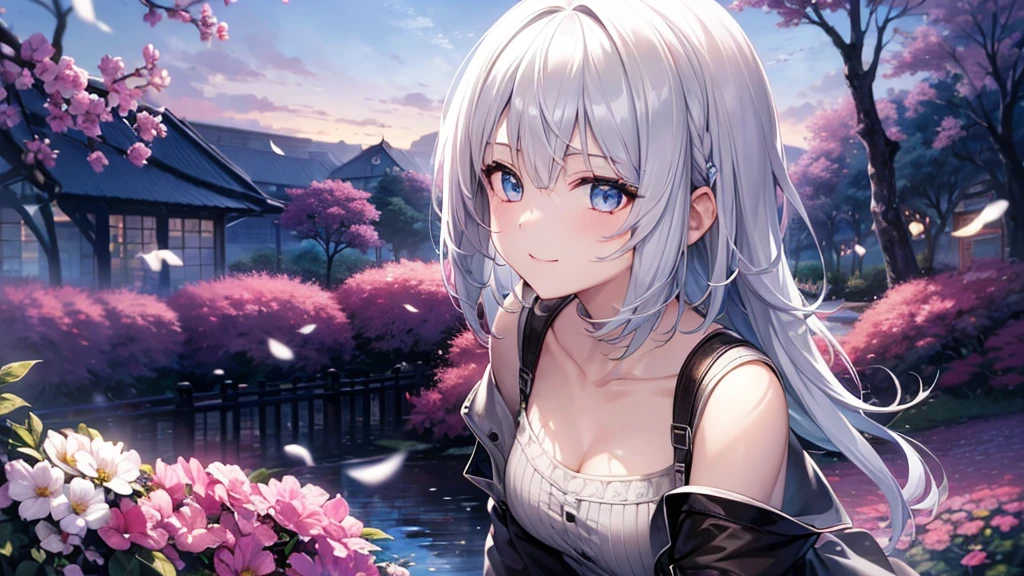 Ultra HD,Look at the viewers, Put your hands behind your back, With a girl, 20-year-old, 非常にShort Hair, Long bangs between the eyes, Pale blue eyes,  Very detailed,(masterpiece、Highest quality),Gray Hair、Laughter、Fantastic, Silver Hair, Iris,  Short hair、 Fluttering Hair、Small Face、明るいsmile、(Detailed face) ,Professional Lighting,Wonderful landscape,blue sky, sunlight,Looking down from above,Portraiture、Open your mouth、Flower Field、Her eyes were shining、Mysterious and enchanting atmosphere。With AI Painting、とてもShort Hair, Long bangs between the eyes, Very detailed,(masterpiece、Highest quality)、alone、Gray Hair、Fantasy, Silver Hair, Fantasyな風景、smile、Open your mouth、short hair、Short Hair、hairpin、black eye、Grey Eyes、Beautiful Eyes、White shirt、Jacket、I can see the neck、The clavicle is visible