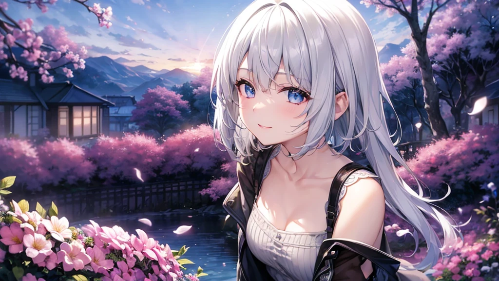 Ultra HD,Look at the viewers, Put your hands behind your back, With a girl, 20-year-old, 非常にShort Hair, Long bangs between the eyes, Pale blue eyes, Very detailed,(masterpiece、Highest quality),Gray Hair、Laughter、Fantastic, Silver Hair, Iris, Short hair、 Fluttering Hair、Small Face、明るいsmile、(Detailed face) ,Professional Lighting,Wonderful landscape,blue sky, sunlight,Looking down from above,Portraiture、Open your mouth、Flower Field、Her eyes were shining、Mysterious and enchanting atmosphere。With AI Painting、とてもShort Hair, Long bangs between the eyes, Very detailed,(masterpiece、Highest quality)、alone、Gray Hair、Fantasy, Silver Hair, Fantasyな風景、smile、Open your mouth、short hair、Short Hair、hairpin、black eye、Grey Eyes、Beautiful Eyes、White shirt、Jacket、I can see the neck、The clavicle is visible