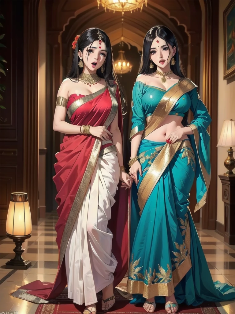 Indian desi beautiful girl in saree fully covered, (masterpiece:1.3), (8k, trending on art station, best quality: 1.4), detailed, symmetric face, beautiful eyes, anime style, sexy pose, indian traditional dress, hot, standing, bend pose, on knees,face on front,huge breast,off shoulder ,'i can see all breast',open mouth tongue out,saliva flow on breasts,hand on saree,leg off,full body shot