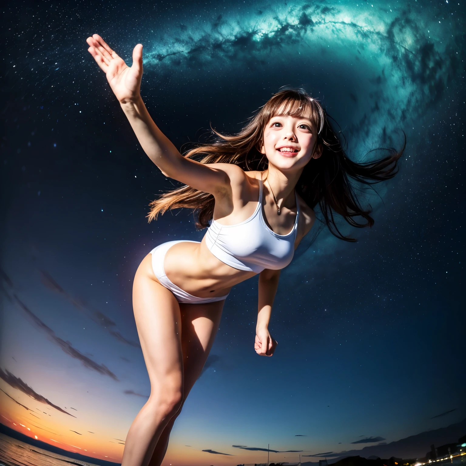 ((ExtremelyDetailed ( KAWAII Girl Floating:1.37) in WHITE at Dusk Enoshima Beach)), (masterpiece 8K TopQuality) (ProfessionalPhoto:1.37), {(Standing Full Body:1.2)|(from below:1.2)}, Different types of hair colors, {(White skinny(School Swimwear))|(SchoolUniform with WhiteSkinny LowRise shorts)}, {Detailed Childish hand|Hidden hand|Armpit|Different types of breasts of various sizes from HUGE to FLAT|(Clearly Visible the shape of Butt)}, Joyful Expressions LifeLike Rendering, PerfectLighting, Dazzling Horizon, (Starry IridescentParticles) ColorfulClouds