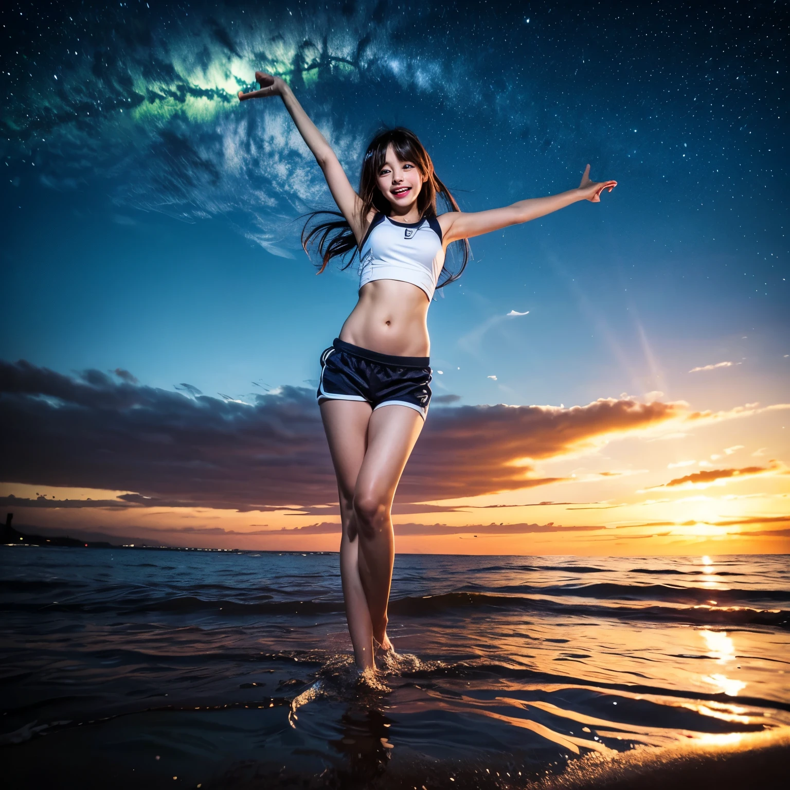 ((ExtremelyDetailed ( KAWAII Girl Floating:1.37) in WHITE at Dusk Enoshima Beach)), (masterpiece 8K TopQuality) (ProfessionalPhoto:1.37), {(Standing Full Body:1.2)|(from below:1.2)}, Different types of hair colors, {(White skinny(School Swimwear))|(SchoolUniform with WhiteSkinny LowRise shorts)}, {Detailed Childish hand|Hidden hand|Armpit|Different types of breasts of various sizes from HUGE to FLAT|(Clearly Visible the shape of Butt)}, Joyful Expressions LifeLike Rendering, PerfectLighting, Dazzling Horizon, (Starry IridescentParticles) ColorfulClouds