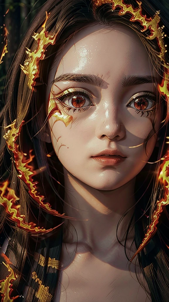 Kimetsu no estilo yaiba, 1 girl, just, amber red eyes , cabelo preto brilhante, extra very long hair, white and gold kimono , Obi Belt, ((artwork)), ((portraits of a)), The forest is on fire, The forest is on fire