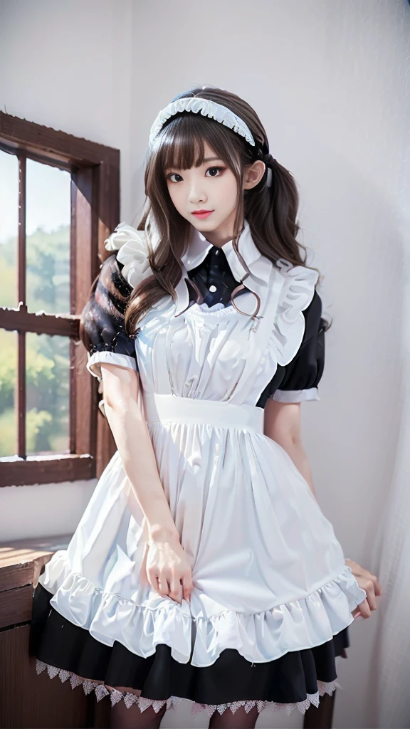 ((Masterpiece，Highest quality，Highest quality，8K，16K，Ultra-high resolution，極めてdetailed，detailed))，(Japanese，Maid，Servant)，Beauty，Slender，sexy，D Cup，Narrow waist，Long, slender legs，Bedroom，Large windows，Curtains fluttering in the wind，