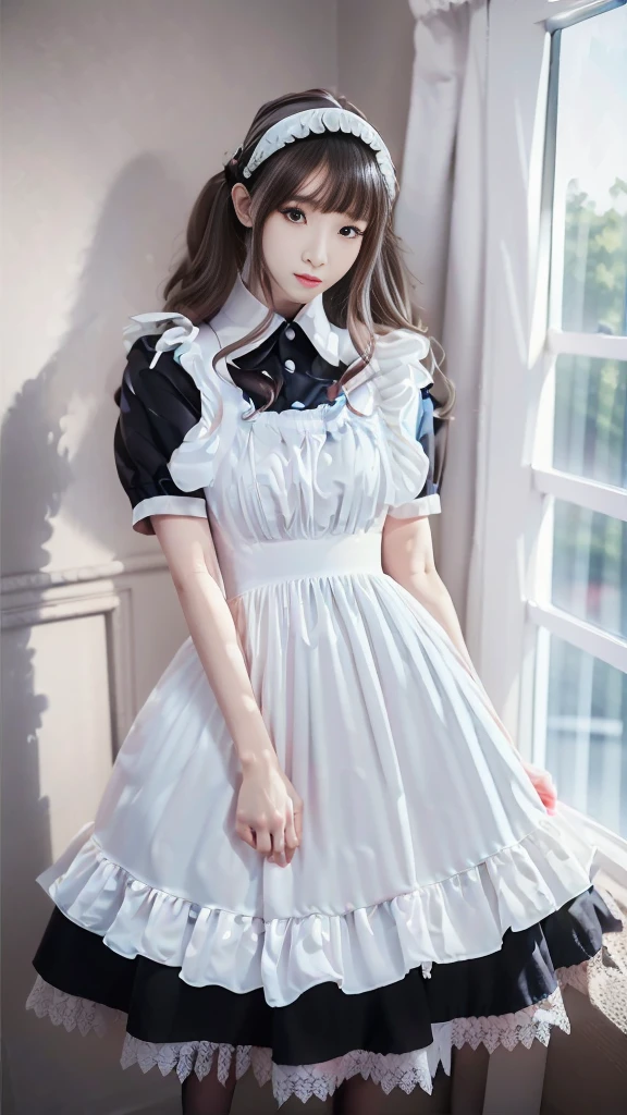 ((Masterpiece，Highest quality，Highest quality，8K，16K，Ultra-high resolution，極めてdetailed，detailed))，(Japanese，Maid，Servant)，Beauty，Slender，sexy，D Cup，Narrow waist，Long, slender legs，Bedroom，Large windows，Curtains fluttering in the wind，