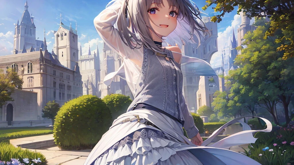 ultra HD,Look at the viewers, Put your hands behind your back, With a girl, 20-year-old, Very Short Hair, Long bangs between the eyes, pale blue eyes, Very detailed,(masterpiece、Highest quality),Gray Hair、Laughter、Fantastic, Silver Hair, Iris, Short hair、 Fluttering Hair、Small Face、Bright smile、(Detailed face) ,Professional Lighting,Wonderful landscape,blue sky, sunlight,Looking down from above,Portraiture、Open your mouth、Flower Field、Her eyes were shining、Mysterious and enchanting atmosphere。With AI Painting、Very short hair, Long bangs between the eyes, Very detailed,(masterpiece、Highest quality)、alone、Gray Hair、Fantasy, Silver Hair, Fantasy landscape、smile、Open your mouth、short hair、Short Hair、hairpin、black eye、Grey Eyes、Beautiful Eyes、White shirt、Jacket、I can see the neck、The clavicle is visible